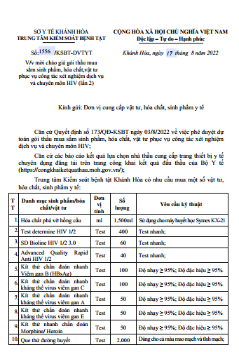  Mời chào giá gói thầu mua sắm sinh phẩm, hóa chất, vật tư phục vụ công tác xét nghiệm dịch vụ và chuyên môn HIV (Lần 2)